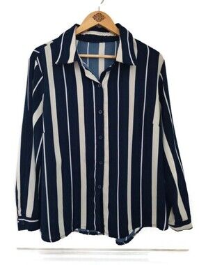 Navy And Cream Beautiful Women's Striped Shirt Top Plus Size 1X